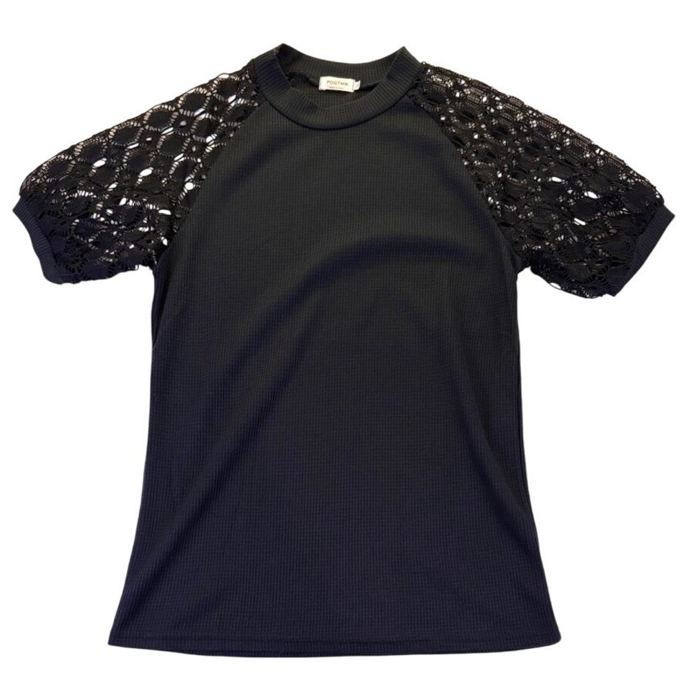 POGTMM Women's Black Waffle Knit Top Lace Raglan Short Sleeve Size S Romantic